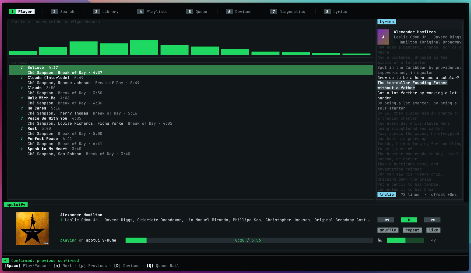 The spotuify player screen with album art, synced lyrics, queue, playback controls, and the spectrum visualizer.